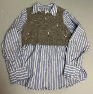 Maeve Striped Collared Button-Up Knit Rhinestone Top Blue Gray Women's S